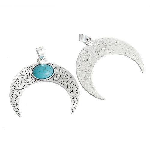 Picture of Zinc Based Alloy Pendants Crescent Moon Double Horn Antique Silver Color Green Imitation Turquoise 75mm(3") x 66mm(2 5/8"), 1 Piece