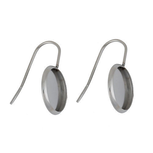 Picture of 304 Stainless Steel Earrings Findings Round Silver Tone Cabochon Settings (Fit 12mm Dia.) 23mm( 7/8") x 14mm( 4/8"), Post/ Wire Size: (21 gauge), 10 PCs