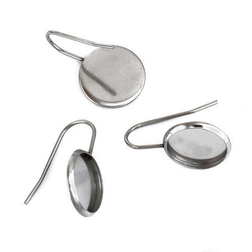 Picture of 304 Stainless Steel Earrings Findings Round Silver Tone Cabochon Settings (Fit 12mm Dia.) 23mm( 7/8") x 14mm( 4/8"), Post/ Wire Size: (21 gauge), 10 PCs