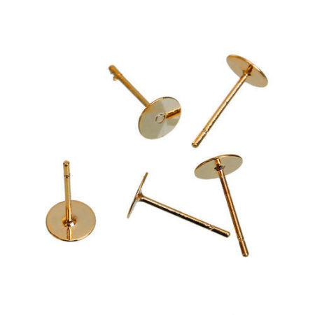 Immagine di Lega di Zinco Orecchini a Perno Colore Oro 14K Tondo Basi per Cabochon (Adatto 6mm) 12mm x 6mm, 20 Pz