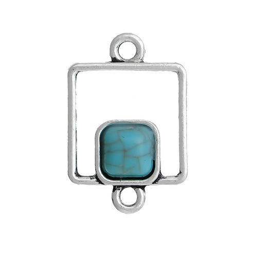 Picture of Zinc Based Alloy Connectors Geometric Antique Silver Color Blue Square Imitation Turquoise 22mm x 15mm, 10 PCs