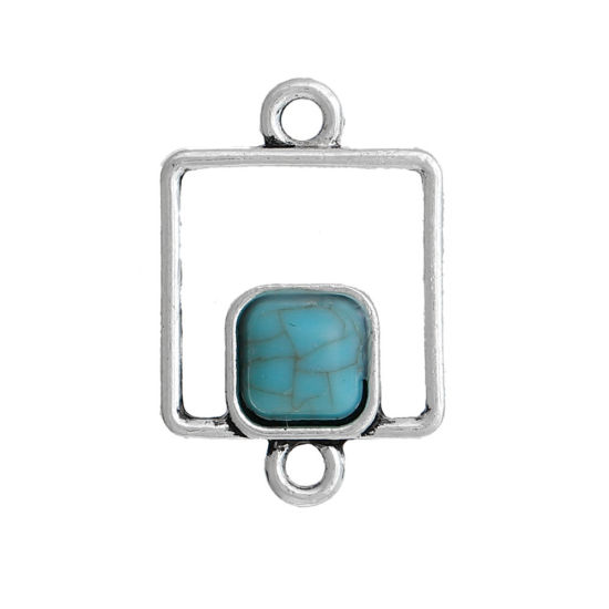Picture of Zinc Based Alloy Connectors Geometric Antique Silver Color Blue Square Imitation Turquoise 22mm x 15mm, 10 PCs