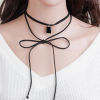 Picture of Faux Suede Velvet Double Layer Choker Necklace Light Golden Bowknot Square Black Rhinestone 32cm(12 5/8") long, 1 Piece