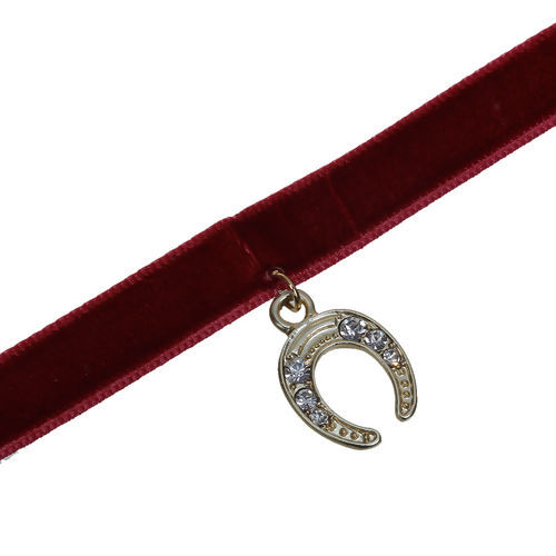 Picture of Velveteen Choker Necklace Matt Gold Wine Red Luck Horseshoe Clear Rhinestone 32cm(12 5/8") long, 2 PCs