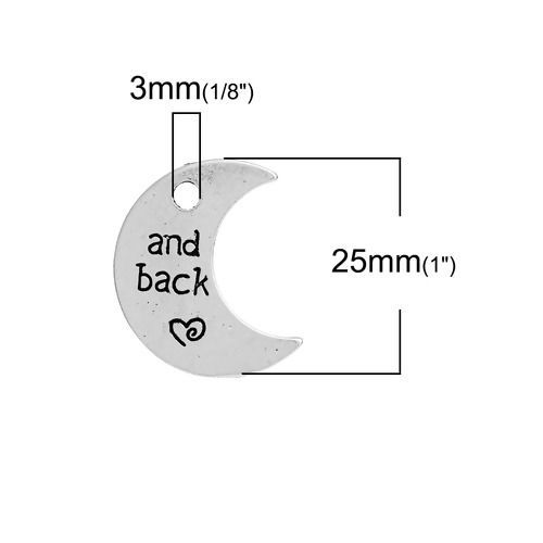 Image de Breloque en Alliage de Zinc Demi Lune Argent Mat Gravé Mots " And Back " 25mm x 20mm, 10 Pcs