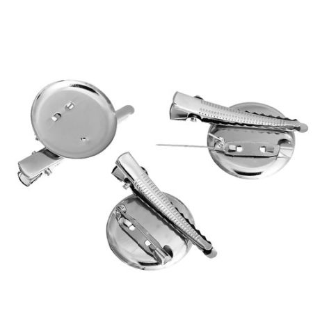 Iron Based Alloy Pin Brooches Findings Round Silver Tone Cabochon Settings (Fit 28mm Dia.(1 1/8")) 46mm(1 6/8") x 29mm(1 1/8"), 20 PCs