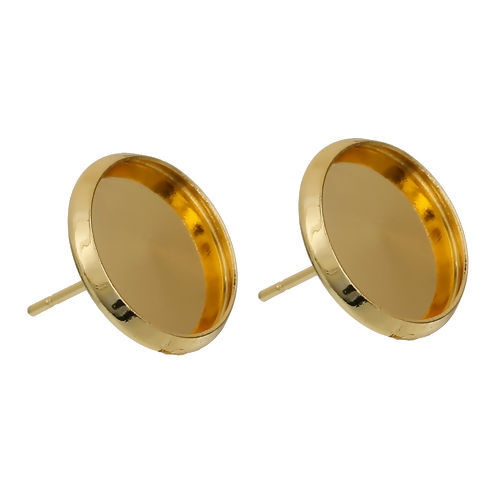 Picture of Brass Ear Post Stud Earrings Cabochon Settings Round Gold Plated (Fit 12mm Dia.) 14mm( 4/8") x 13mm( 4/8"), Post/ Wire Size: (21 gauge), 10 PCs