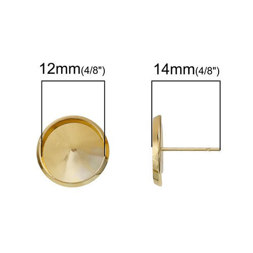 Picture of Brass Ear Post Stud Earrings Cabochon Settings Round Gold Plated (Fit 12mm Dia.) 14mm( 4/8") x 13mm( 4/8"), Post/ Wire Size: (21 gauge), 10 PCs