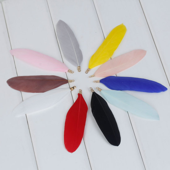 Picture of Natural Dyed Goose Feather Pendants Gold Plated Gray 8.5cm x3cm(3 3/8" x1 1/8") - 6cm x2cm(2 3/8" x 6/8"), 20 PCs