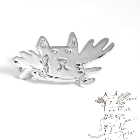 Bild von Messing Kinder Kunst Gekritzel Kinderzeichnung Schmuck Brosche Katze Flügel Silberfarbe 30mmx 15mm, 2 Stück                                                                                                                                                   