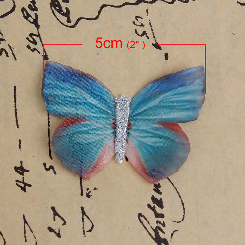 Picture of Organza For DIY & Craft Blue & Green Double Layer Ethereal Butterfly Glitter 50mm(2") x 35mm(1 3/8"), 2 PCs