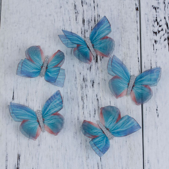 Bild von Organza DIY & Handwerk Blau & Grün Doppelschicht Schmetterling Glitzert 50mm x 35mm, 2 Stück