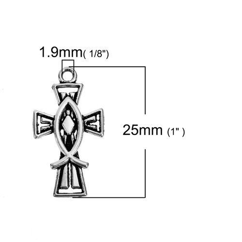 Bild von Zinklegierung Charms Jesus/ Christian Fisch Ichthus Antiksilber Kreuz 25mm x 14mm, 50 Stück