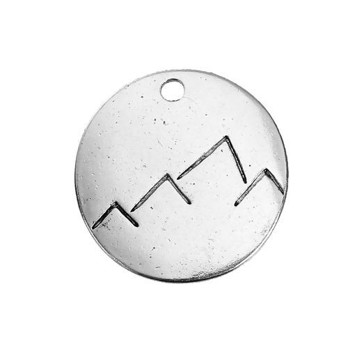 Picture of Zinc Based Alloy Charms Round Antique Silver Color Travel Mountain 19mm( 6/8") Dia, 10 PCs