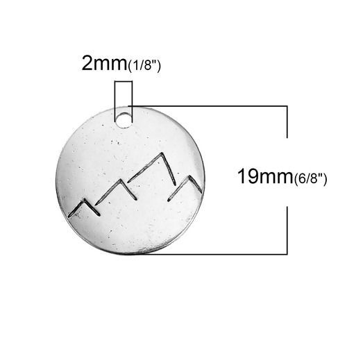 Picture of Zinc Based Alloy Charms Round Antique Silver Color Travel Mountain 19mm( 6/8") Dia, 10 PCs