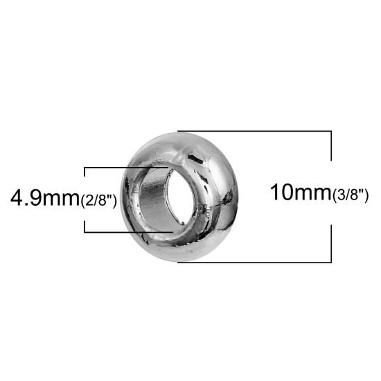 Picture of Zinc Based Alloy European Style Large Hole Charm Beads Round Silver Plated About 10mm( 3/8") Dia, Hole: Approx 4.6mm, 30 PCs