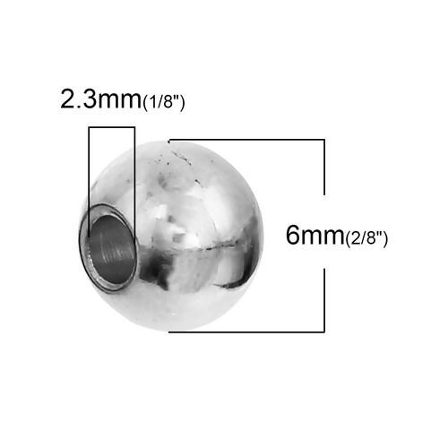 Image de Perles en 304 Acier Inoxydable Rond Argent Mat 6mm Dia, Taille de Trou: 2.3mm, 20 Pcs