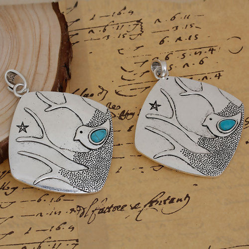 Picture of Zinc Based Alloy Boho Chic Pendants Rhombus Antique Silver Color Bird Tree Blue Imitation Turquoise 85mm(3 3/8") x 66mm(2 5/8"), 1 Piece