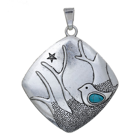 Picture of Zinc Based Alloy Boho Chic Pendants Rhombus Antique Silver Color Bird Tree Blue Imitation Turquoise 85mm(3 3/8") x 66mm(2 5/8"), 1 Piece