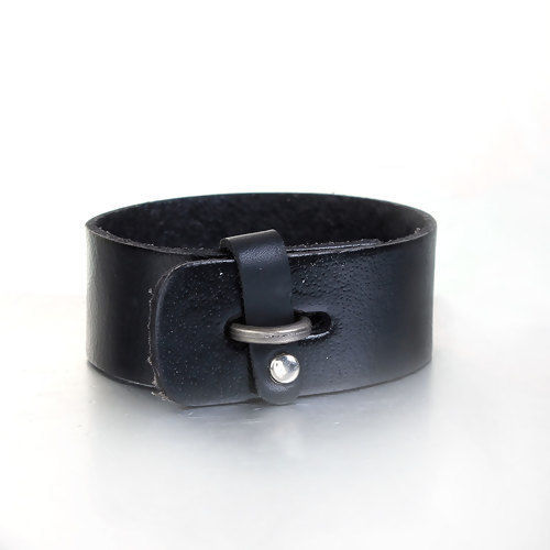 Picture of Real Leather Cuff Bangles Bracelets Black 26cm(10 2/8") long, 1 Piece