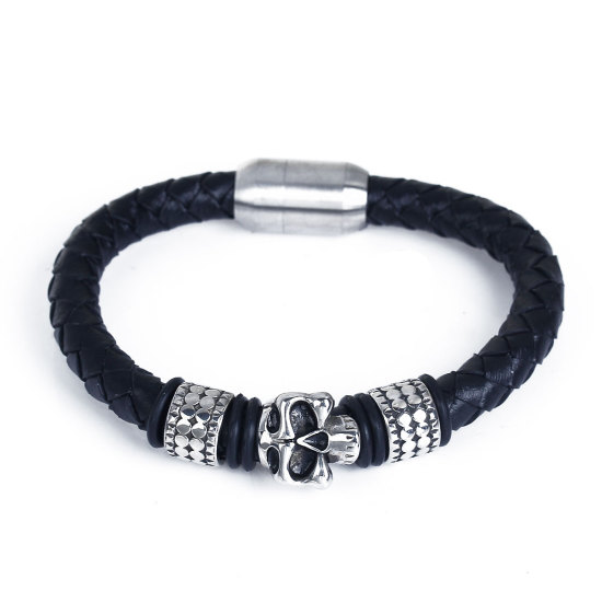 Bild von 304 Edelstahl & Echtes Leder Armband Silberfarbe Schwarz Zylinder Skelett 21.5cm lang, 1 Stück