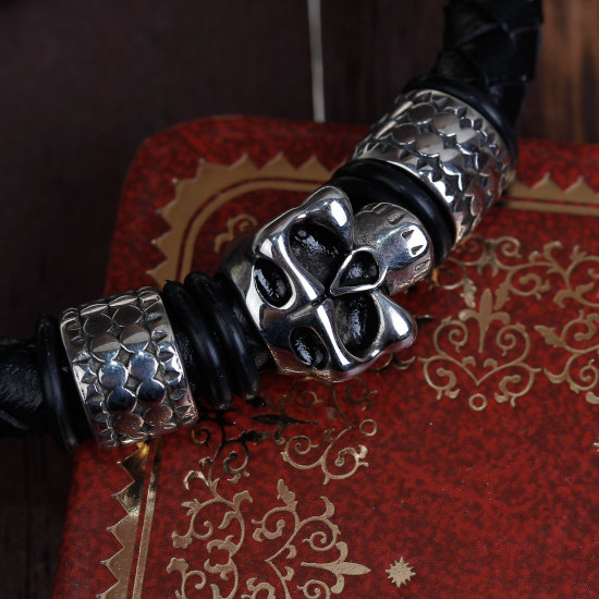 Bild von 304 Edelstahl & Echtes Leder Armband Silberfarbe Schwarz Zylinder Skelett 21.5cm lang, 1 Stück
