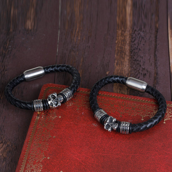 Bild von 304 Edelstahl & Echtes Leder Armband Silberfarbe Schwarz Zylinder Skelett 21.5cm lang, 1 Stück