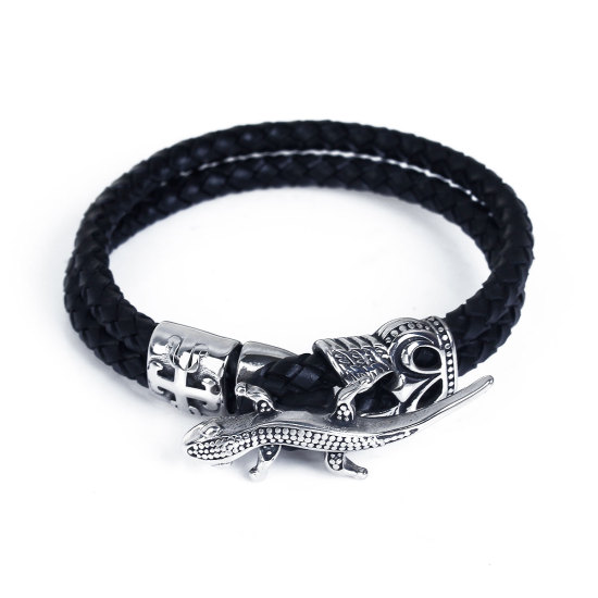 Imagen de 304 Acero Inoxidable & Cuero Real Brazalete Trenzado Doble Capa Plata Antigua Negro Lagarto Cruz 24cm longitud, 1 Unidad