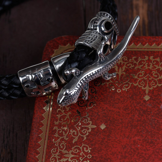 Imagen de 304 Acero Inoxidable & Cuero Real Brazalete Trenzado Doble Capa Plata Antigua Negro Lagarto Cruz 24cm longitud, 1 Unidad