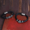 Picture of 304 Stainless Steel & Real Leather Bangles Bracelets Silver Tone Black Lion Animal Cross 21.5cm(8 4/8") long, 1 Piece