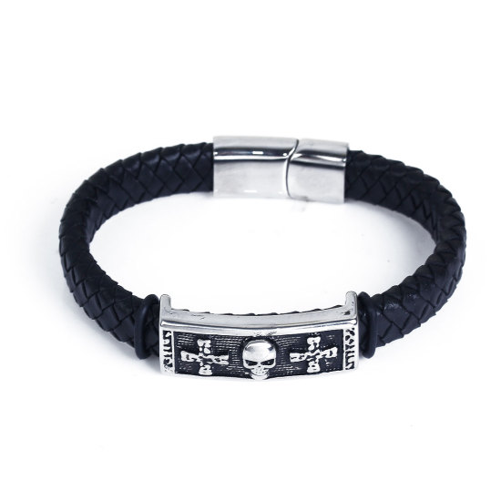 Image de Bracelet en 304 Acier Inoxydable & Cuir Réel Noir Tête de Mort Croix Argent Mat 22cm long, 1 Pièce