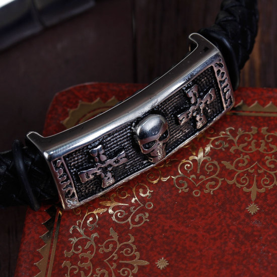 Image de Bracelet en 304 Acier Inoxydable & Cuir Réel Noir Tête de Mort Croix Argent Mat 22cm long, 1 Pièce