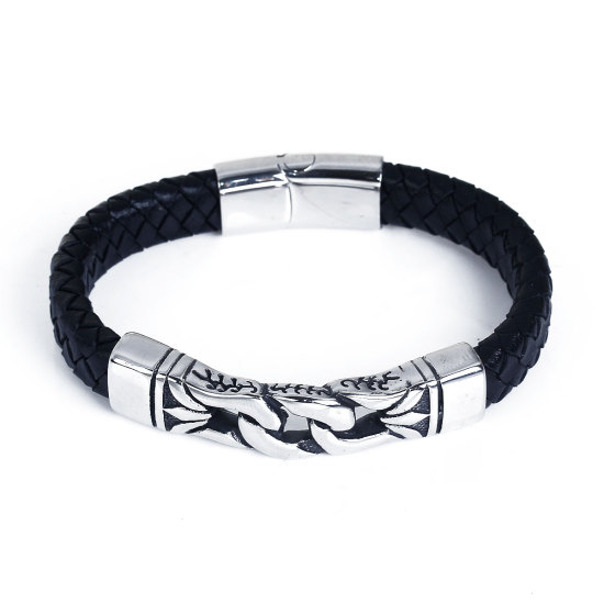Imagen de 304 Acero Inoxidable & Cuero Real Brazalete Plata Antigua Negro Rectángulo Tallado 21.5cm longitud, 1 Unidad