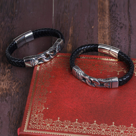 Imagen de 304 Acero Inoxidable & Cuero Real Brazalete Plata Antigua Negro Rectángulo Tallado 21.5cm longitud, 1 Unidad
