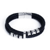 Picture of 304 Stainless Steel & Real Leather Double Layer Braided Bangles Bracelets Silver Tone Black Cylinder 21.5cm(8 4/8") long, 1 Piece