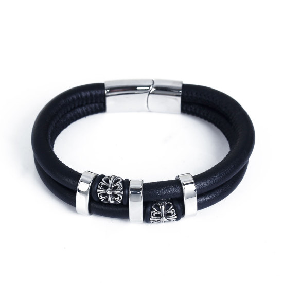 304ステンレス鋼+本革 バングル シルバートーン 黒 円筒形 クロス 22cm長さ、 1本 の画像