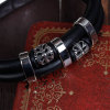 Picture of 304 Stainless Steel & Real Leather Double Layer Bangles Bracelets Silver Tone Black Cylinder Cross 22cm(8 5/8") long, 1 Piece