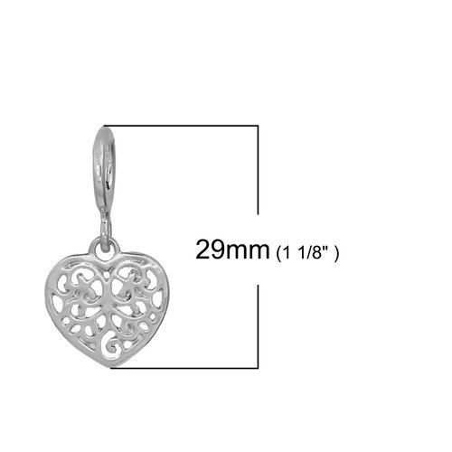 Picture of Brass Charms Heart Silver Tone Filigree 29mm(1 1/8") x 15mm( 5/8"), 5 PCs