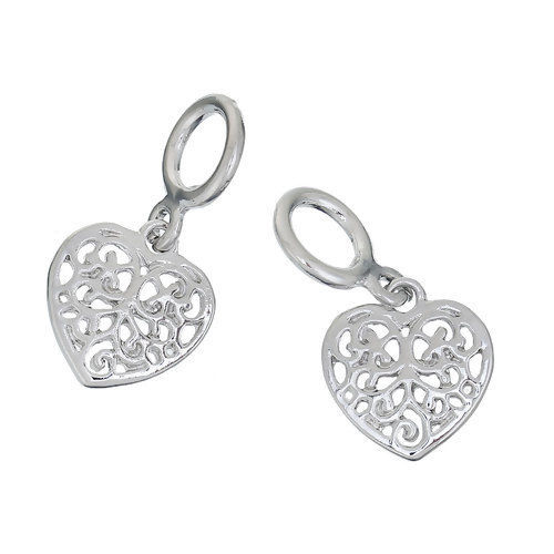 Picture of Brass Charms Heart Silver Tone Filigree 29mm(1 1/8") x 15mm( 5/8"), 5 PCs