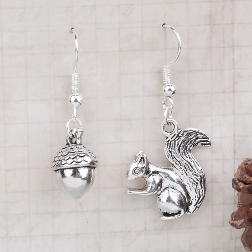 Picture of Earrings Antique Silver Color Silver Plated Acorn Squirrel 40mm(1 5/8") x 20mm( 6/8"), Post/ Wire Size: (21 gauge), 1 Pair