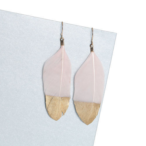 Picture of Natural Feather Earrings Gold Plated Light Pink & Golden Painting 70mm(2 6/8") x 20mm( 6/8"), Post/ Wire Size: (21 gauge), 1 Pair