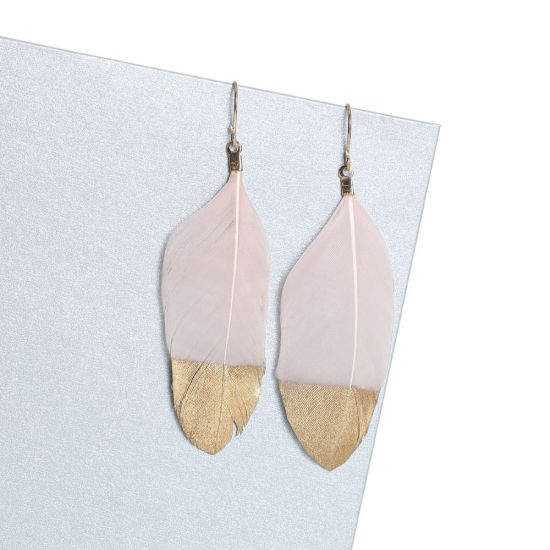 Immagine di Piuma Naturali Orecchino Oro Placcato Rosa Chiaro Pittura 72mm x 18mm , Filo Dimensione: (21 gauge), 1 Paio