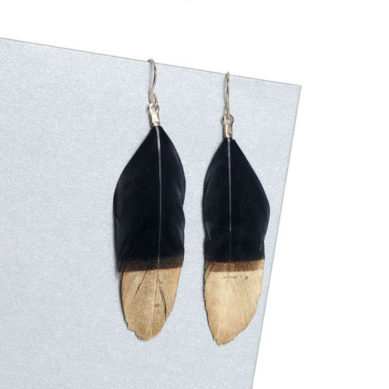 Immagine di Piuma Naturali Orecchino Oro Placcato Rosa Chiaro Pittura 72mm x 18mm , Filo Dimensione: (21 gauge), 1 Paio