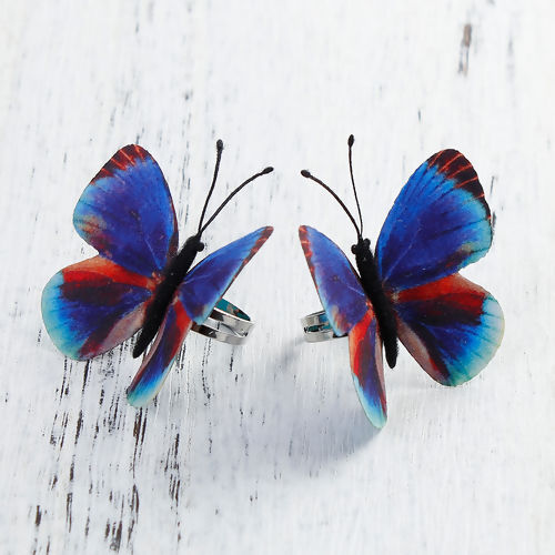 Bild von Stoff Einstellbar Ring Silberfarbe Bunt Schmetterling 16.5mm（US Größe:6) 1 Stück