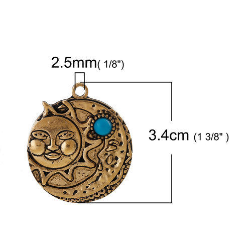 Picture of Zinc Based Alloy Pendants Round Gold Tone Antique Gold Sun And Moon Face Blue  Resin Rhinestone 34mm(1 3/8") x 30mm(1 1/8"), 3 PCs