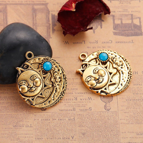 Picture of Zinc Based Alloy Pendants Round Gold Tone Antique Gold Sun And Moon Face Blue  Resin Rhinestone 34mm(1 3/8") x 30mm(1 1/8"), 3 PCs