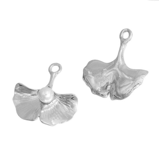 Picture of Brass Charms Gingko Leaf Silver Tone White Acrylic Imitation Pearl 23mm( 7/8") x 21mm( 7/8"), 10 PCs                                                                                                                                                          
