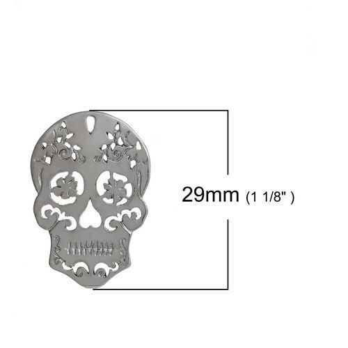 Imagen de Zamak Colgantes Charms Cráneo Azúcar Gunmetal Hueco 29mm x 20mm, 10 Unidades