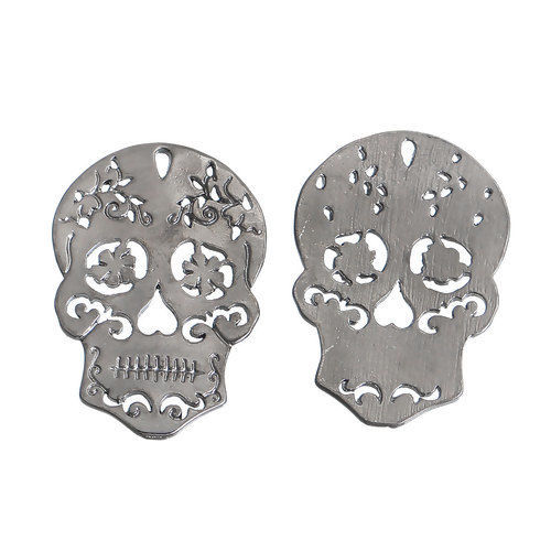 Imagen de Zamak Colgantes Charms Cráneo Azúcar Gunmetal Hueco 29mm x 20mm, 10 Unidades