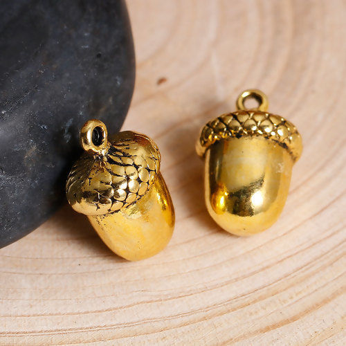 Picture of Zinc Based Alloy 3D Charms Acorn Gold Tone Antique Gold 17mm( 5/8") x 11mm( 3/8"), 10 PCs